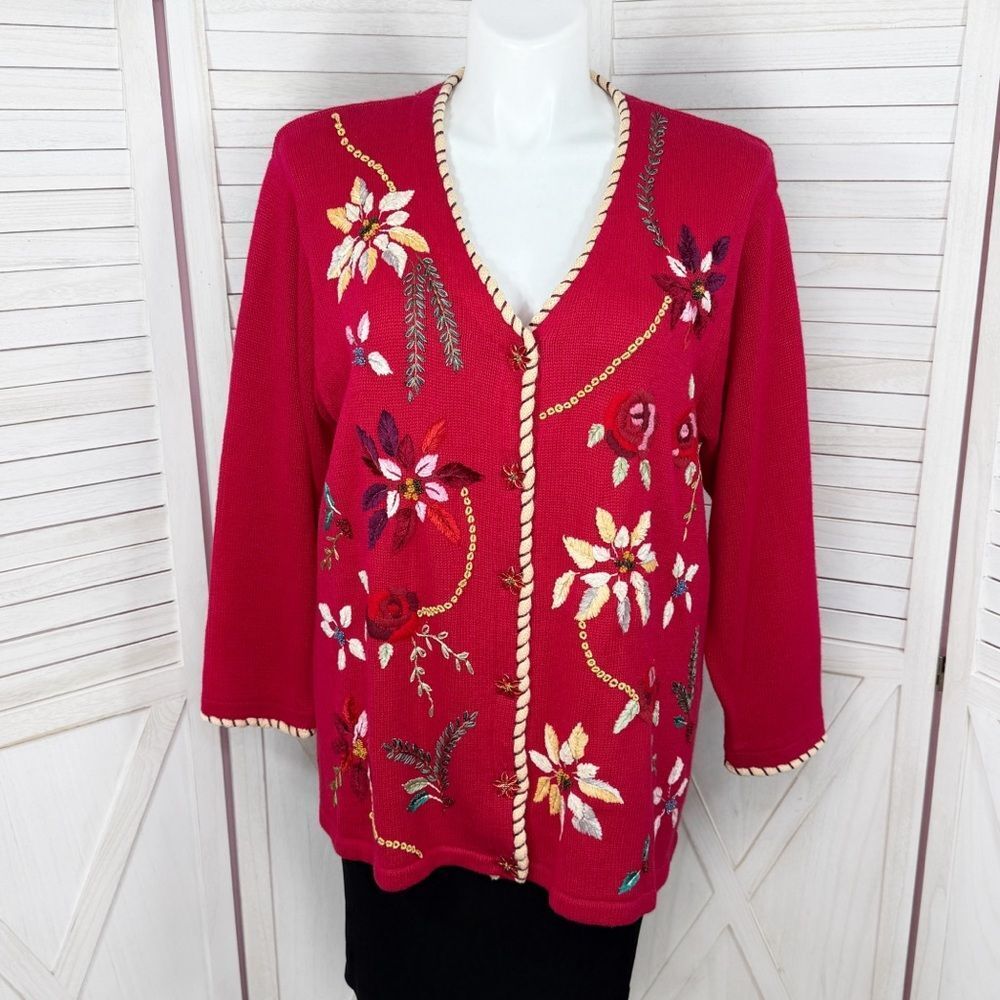Storybook Knits Embroidered Poinsettia Christmas Cardigan Sweater Red 2X
